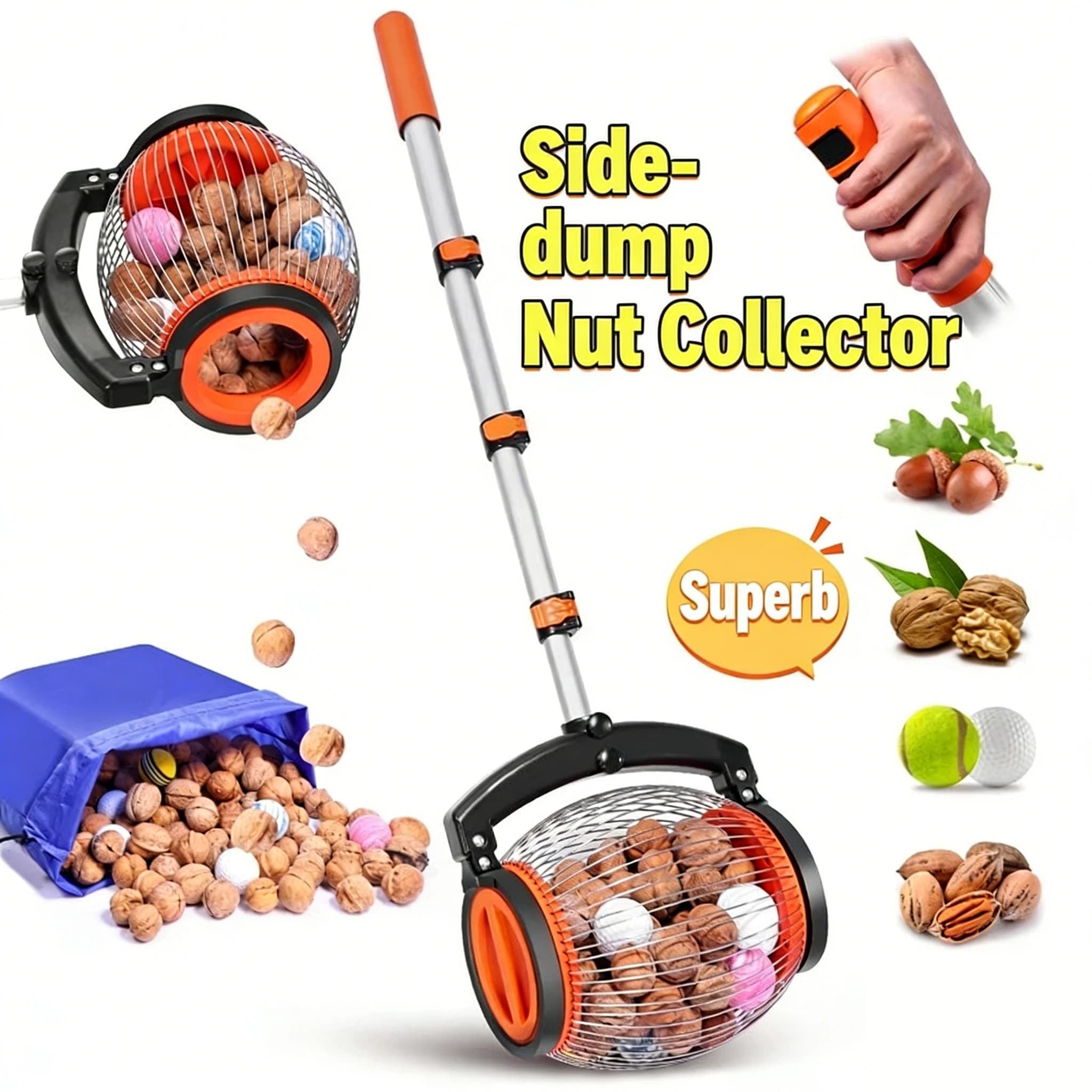 Raccoglitore di Noci Rotante, Strumento Manuale Leggero e Regolabile per Raccogliere Noci, Pecan, Palline da Golf e Altre Sfere
