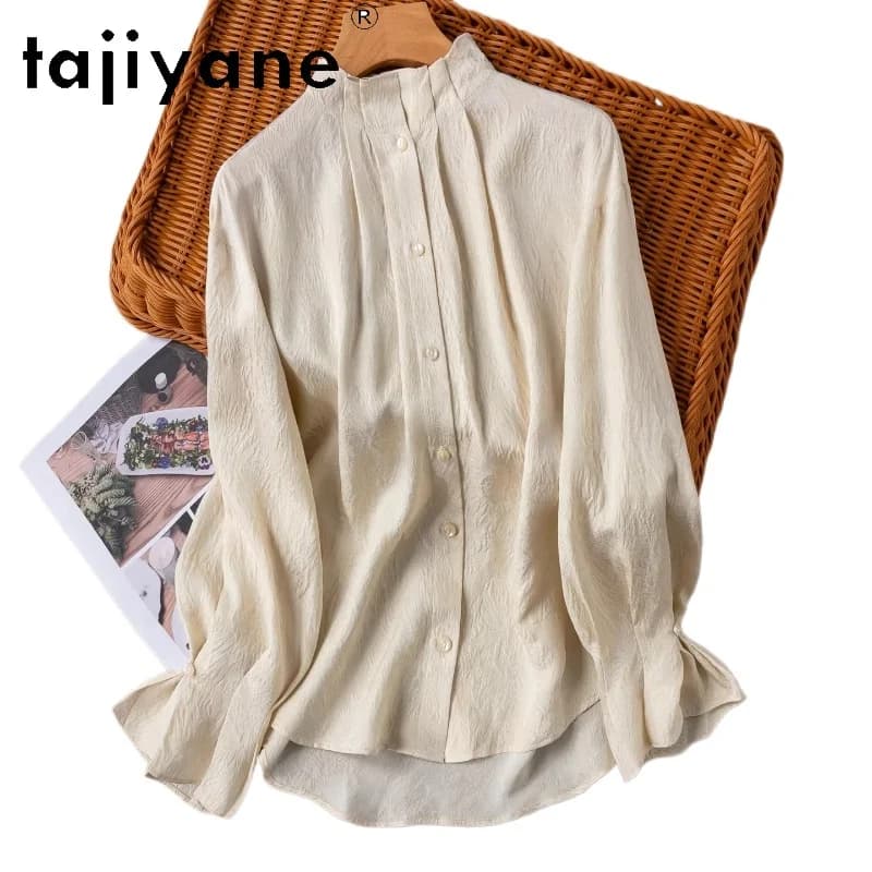 TAJIYANE Camicia 100% Seta Naturale di Gelso per Donna, Elegante Blusa con Colletto Plissettato Beige, Top Casual Primaverile 2026, Abbigliamento Donna