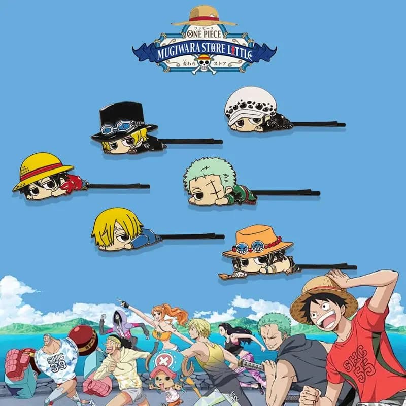 One Piece cartoon anime hair accessories featuring Luffy, Ace, Sabo, Sanji, Zoro, Trafalgar fan-made hair clips