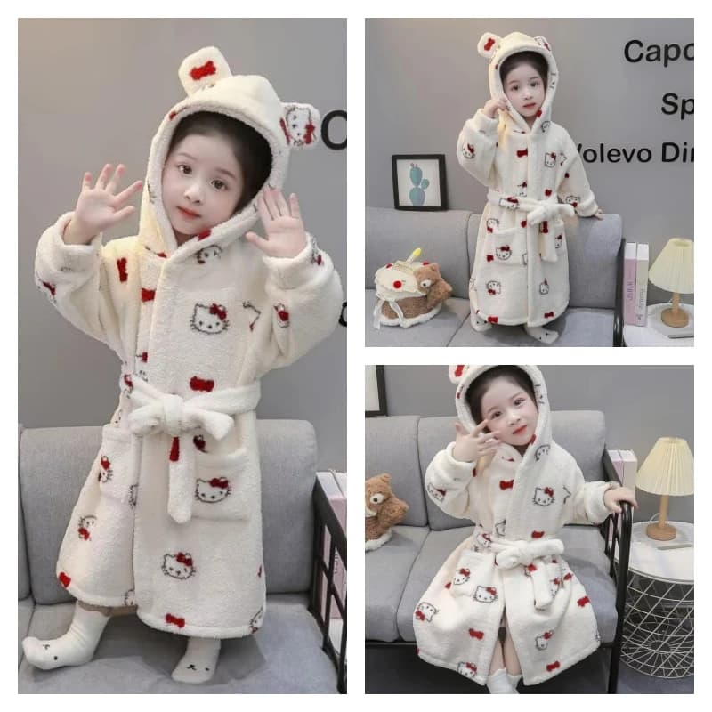 Hot Sanrio Girl Pigiama Hello Kitty Kawaii Fashion Winter Baby Keepers Warm With Hood Long Sleeves Bathrobe Children's Clothing