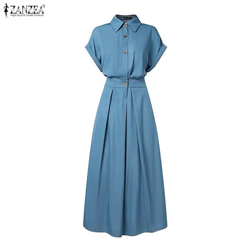 ZANZEA Abiti estivi eleganti a maniche corte con collo a revers, abito blu finto denim, abito da donna con bottoni, abito da ufficio a vita alta