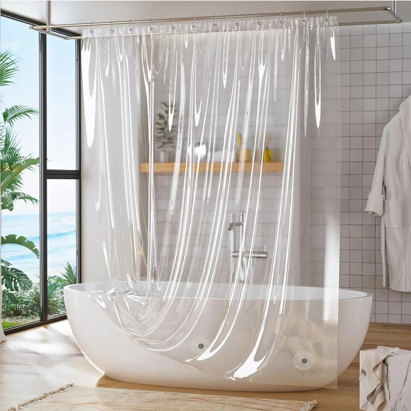 Tenda da doccia Tende da bagno impermeabili trasparenti Tessuto PEVA Stile moderno Resistente all'acqua con ganci per WC 200 cm