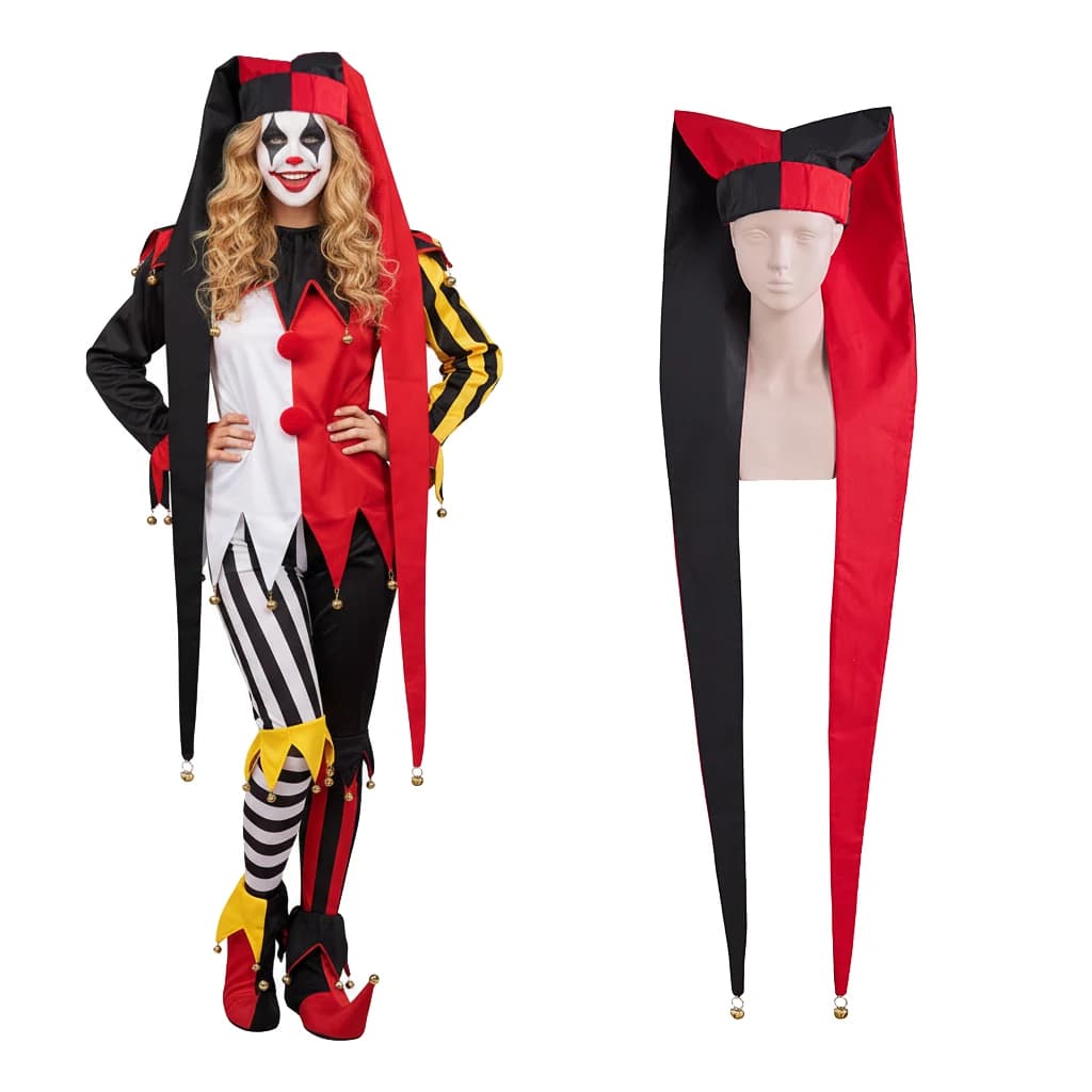 Hearlequin Jester Cosplay Red and Black Gold Bell Long Hat Unisex Halloween clown costume handmade for adults