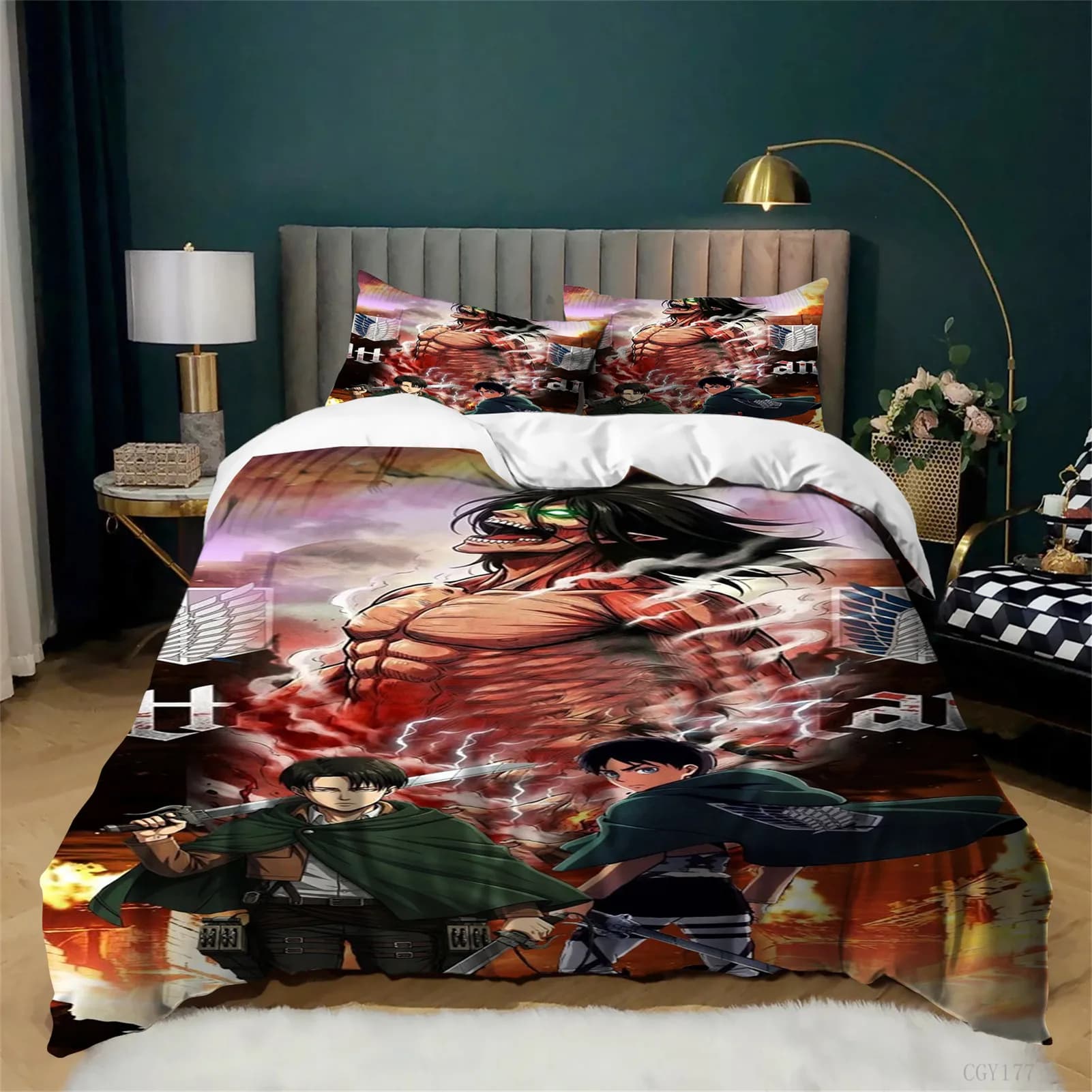 Set Copripiumino per Bambini 3 Pezzi, Tema Anime L'Attacco dei Giganti, Set Letto Leggero e Morbido per Tutte le Stagioni