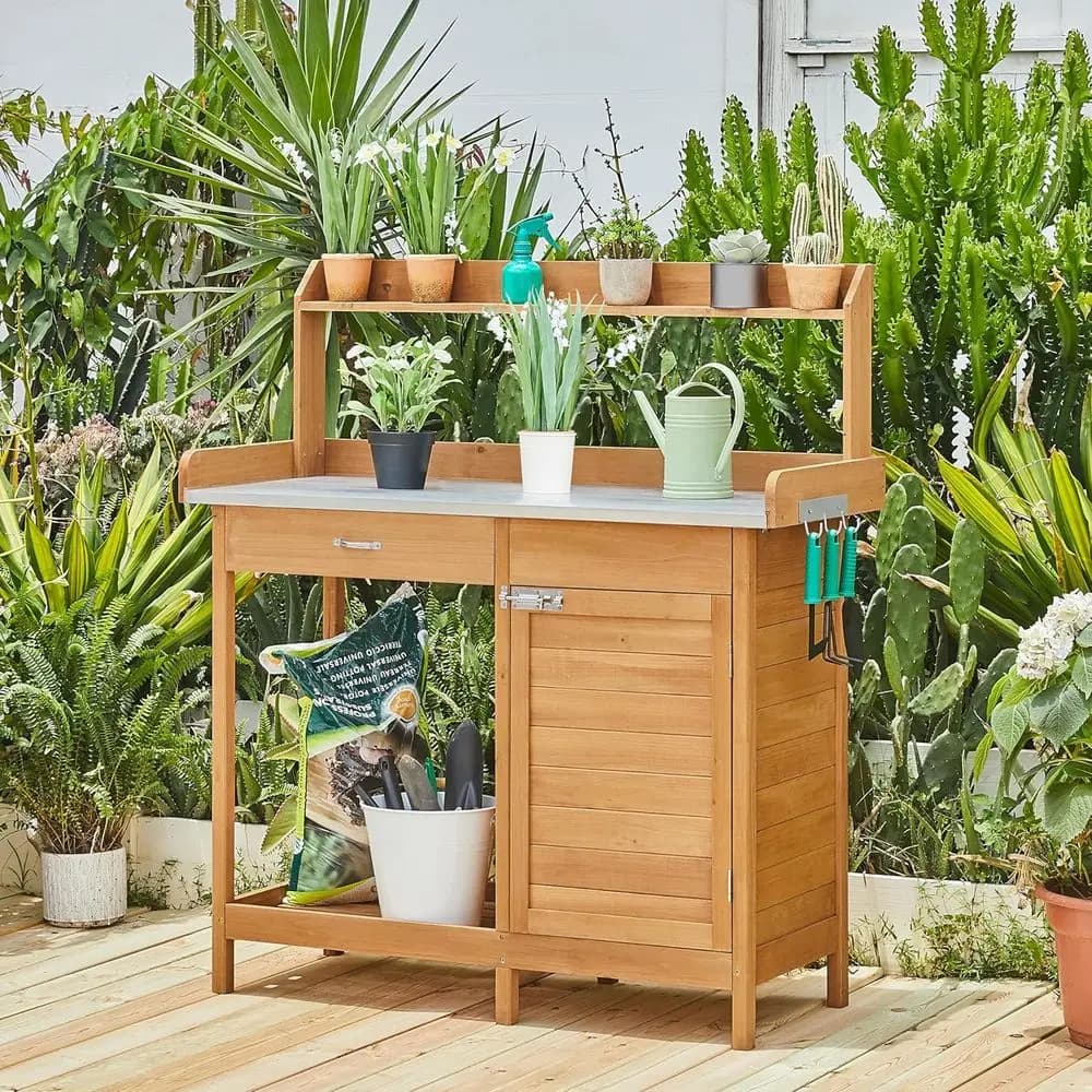 Banco da Giardinaggio Bestseller con Armadietto Portaoggetti, Ripiani Superiori e Inferiori - Postazione di Lavoro in Legno Naturale per la Coltivazione