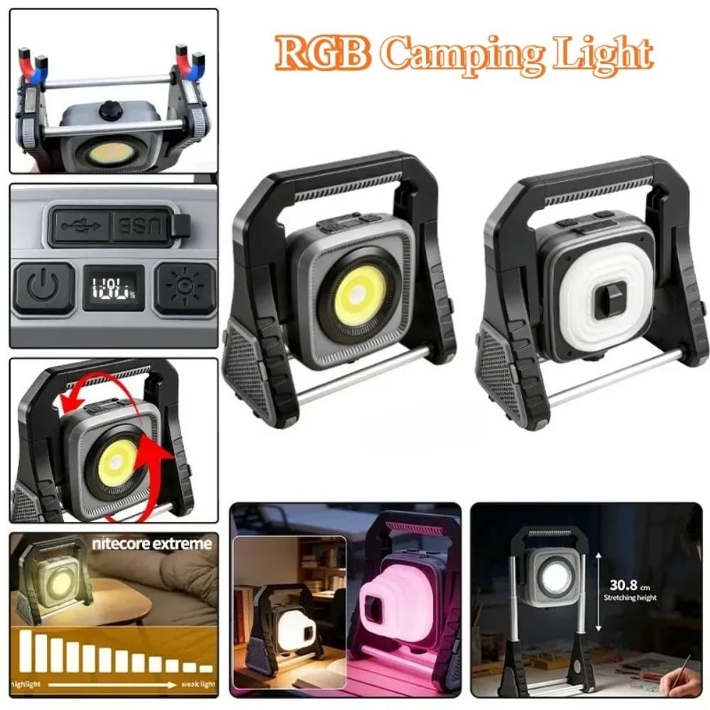 Lampada da Lavoro LED COB Portatile con Forte Magnete, Rotabile, Ricaricabile, Impermeabile IP65, Torcia per Tenda, Campeggio, Riparazione Auto