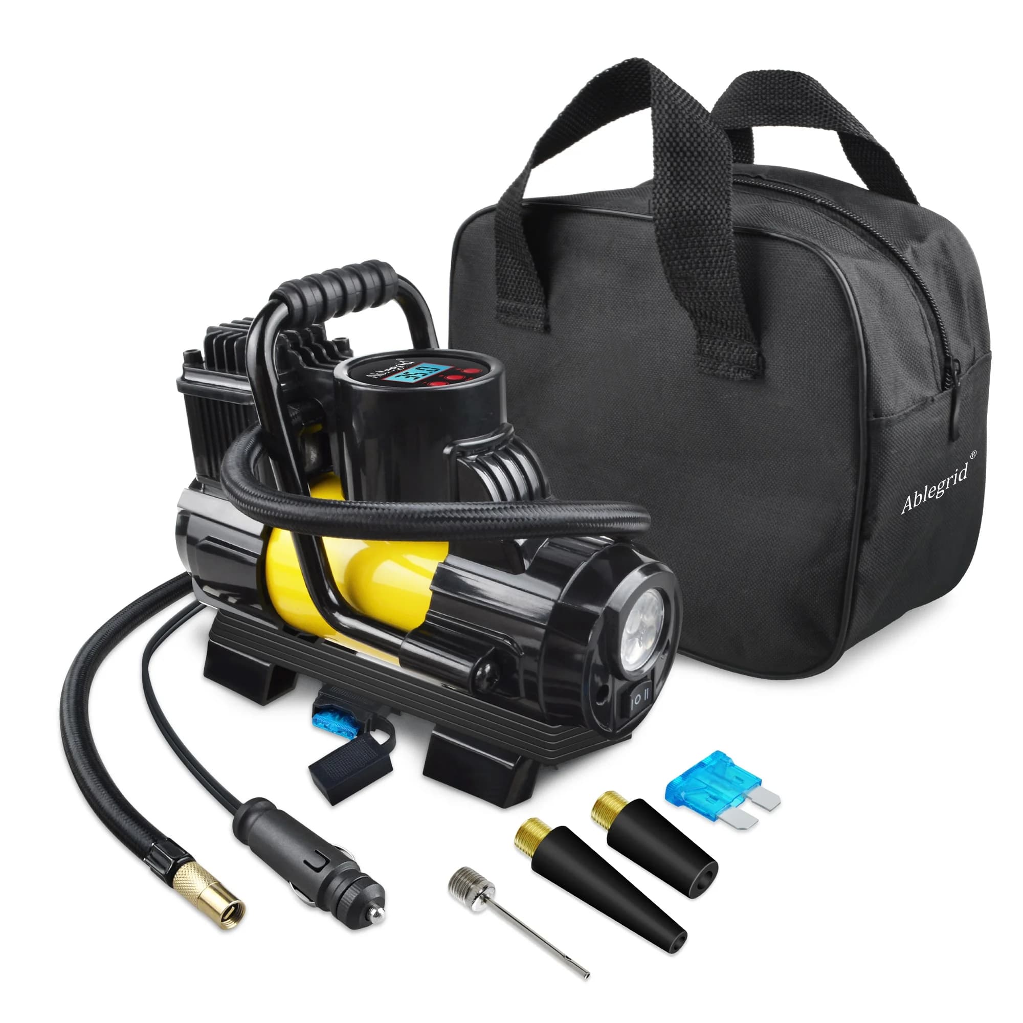Compressore d'aria portatile 12V DC 150PSI per pneumatici auto, pompa gonfiagomme con spegnimento automatico, display digitale a LED e borsa per il trasporto.