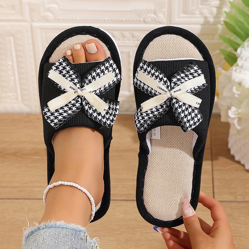 Ciabatte da donna in lino a fantasia pied de poule con fiocco, di lusso, firmate, estive, a punta aperta, casual, da interno, morbide, per ragazza