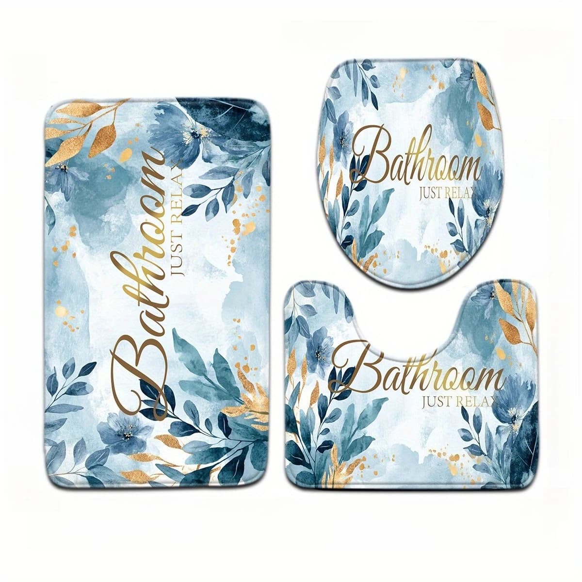 Set tappetino da bagno in 3 pezzi con motivo foglie blu con tappeto sagomato a forma di U, sedile WC e tappetino da bagno - Lavabile in lavatrice, poliestere