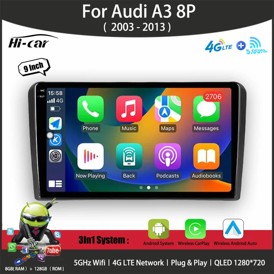 Car Radio For Audi A3 8P 2003 - 2013 Multimedia GPS autoradio 4G WIFI DSP 8G+128G 2 Din Android 13 Multimedia Carplay Player