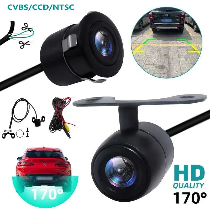 Telecamera per auto con obiettivo fisheye a 170 gradi, grandangolare, HD, visione notturna, anteriore e posteriore, per parcheggio e retromarcia.