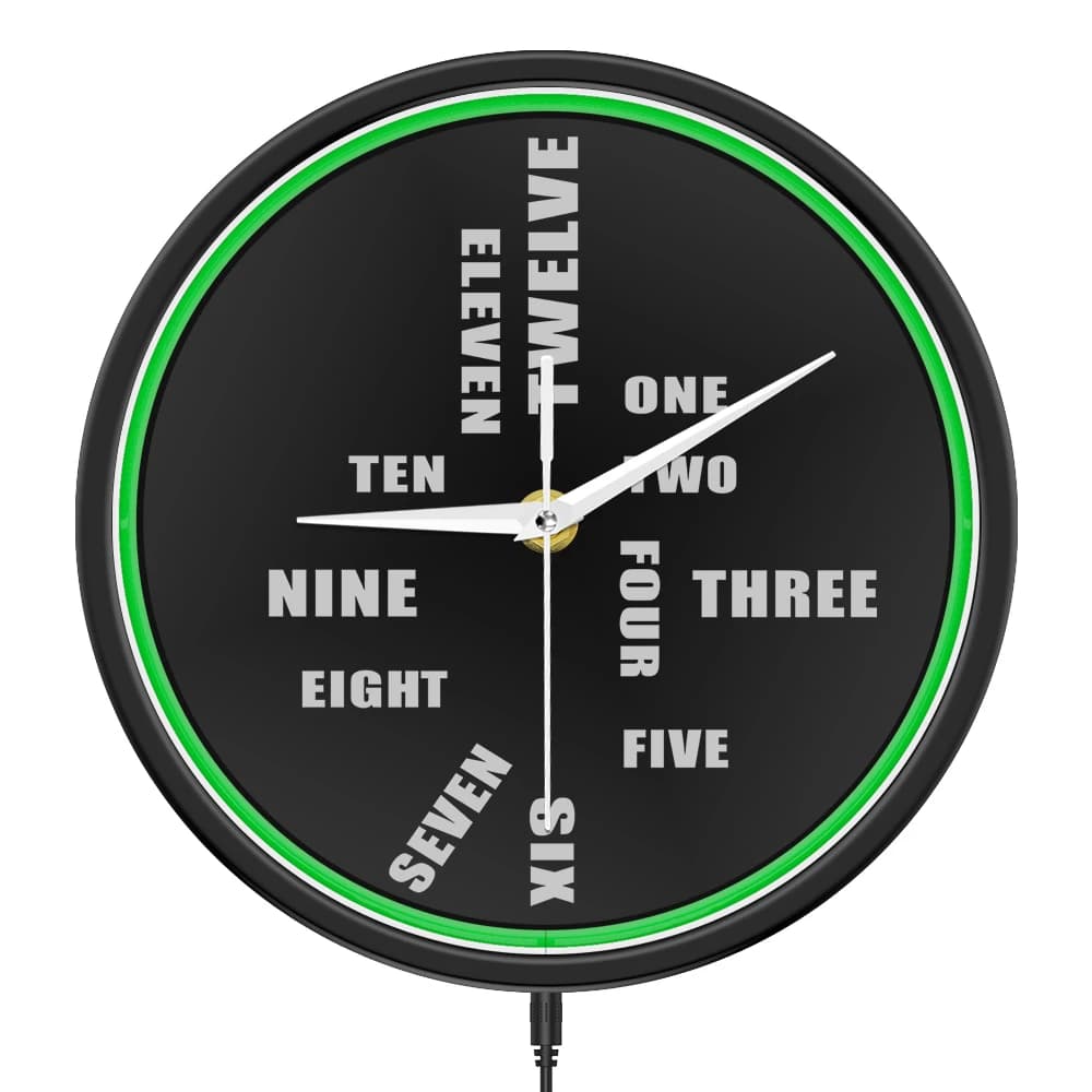 English Word Number Metal Frame Wall Clock with LED Backlight for Game Room Cafe Home Decor Luminous Neon Night Light Wall Clock