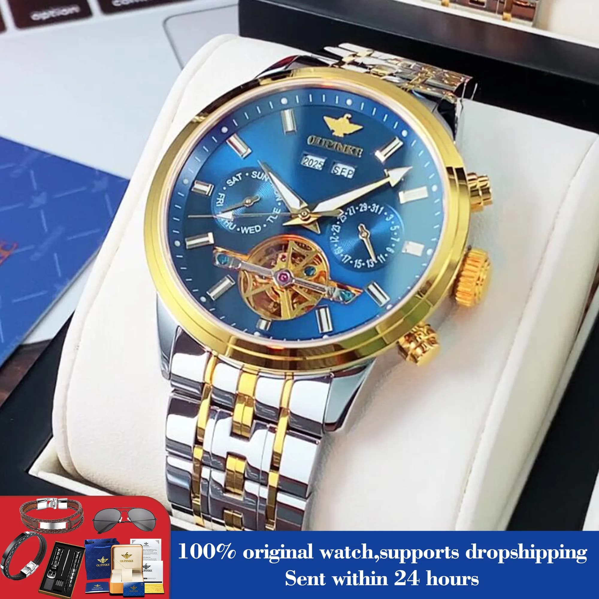 OUPINKE 3296 Orologio da uomo Orologio meccanico automatico originale a lancetta Calendario cavo Orologio da uomo impermeabile Orologio da polso di lusso