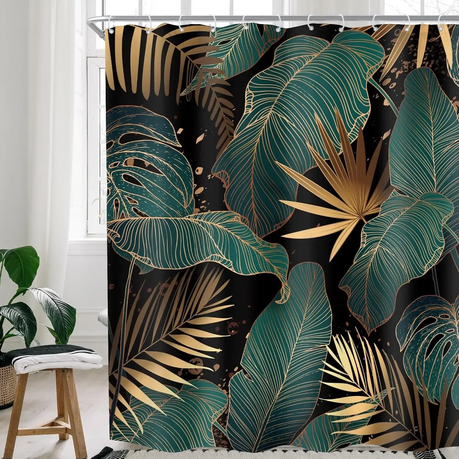Tenda da doccia Boho verde smeraldo Nero Oro Moderno astratto Foglie di palma Tropicale Monstera Set tenda da bagno Marrone Botanica