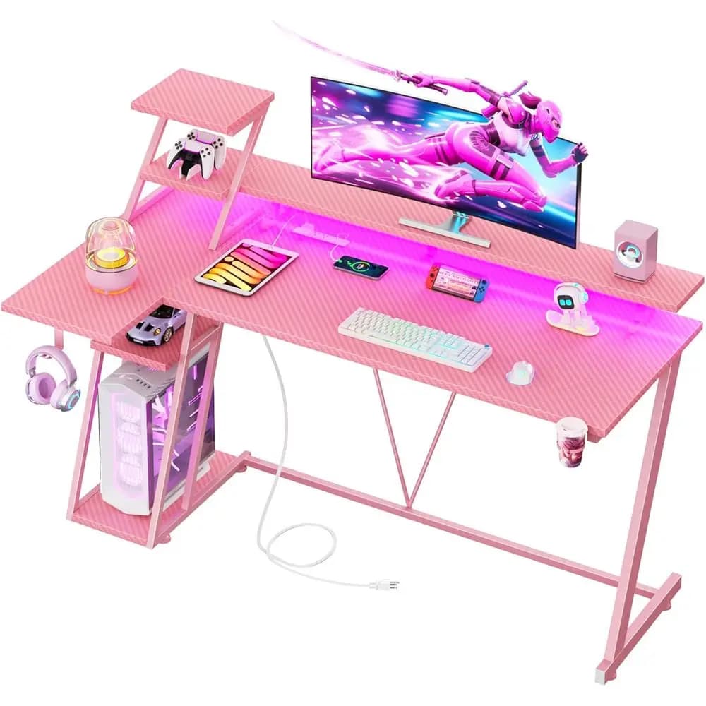 L Rosa Gaming Desk with LED Lights, Current Storage Space for Monitor Support, Ideal for Bedroom or Setup Gaming