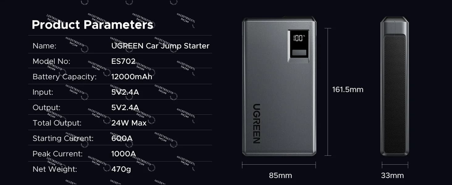UGREEN Jump Starter Power Pack 1000A Batteria per auto Booster, 12000mAh Car Jump Starter Power Bank con schermo digitale