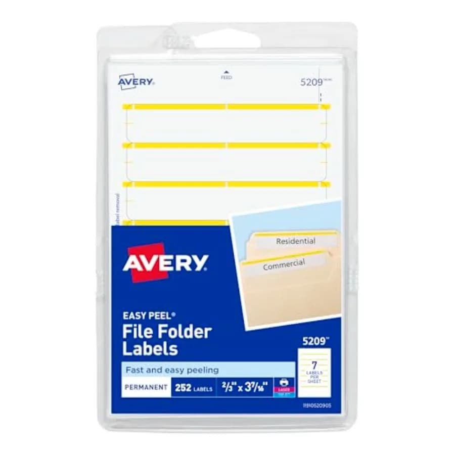 File Folder Labels on 4" x 6" Sheets, Easy Peel, White/Yellow, Print or Write, 2/3" x 3-7/16", 252 Labels 5209