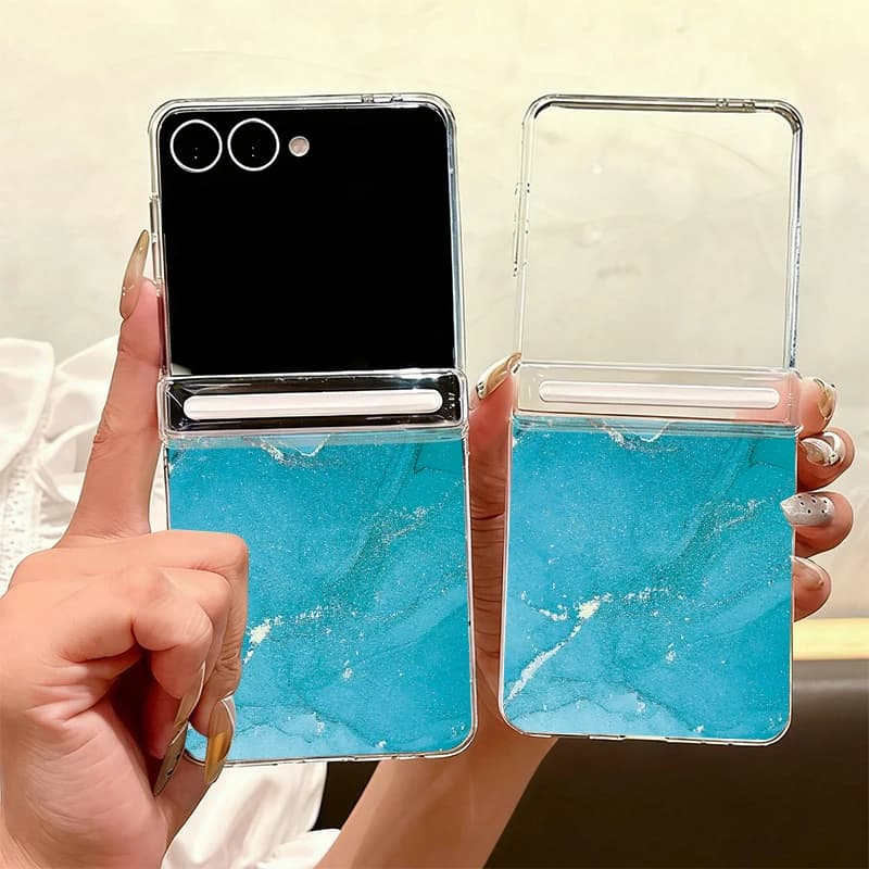 Custodia Magnetica Blu Effetto Marmo per Samsung Galaxy Z Flip7 FE Flip6 Flip5 Flip7 6, Cover Pieghevole Antiurto Trasparente in PC Rigido
