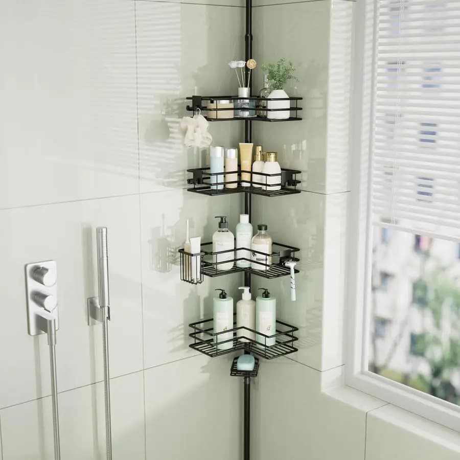Organizzatore Angolare per Doccia con Porta Sapone, Porta Spazzolino e 4 Ganci, Mensola da Bagno Antiruggine