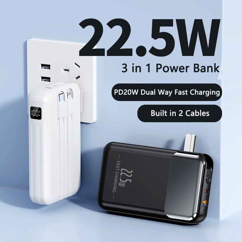 Power Bank 20000mAh con Spina AC Integrata e Cavo USB Type-C, Batteria Esterna con Ricarica Rapida 22.5W per iPhone 17 16 Xiaomi Samsung Huawei