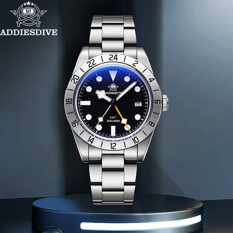 ADDIESDIVE GMT Orologio da uomo Impermeabile 200m Orologio da uomo subacqueo BGW9 Blu luminoso Orologio da polso al quarzo in acciaio inossidabile 316L Reloj