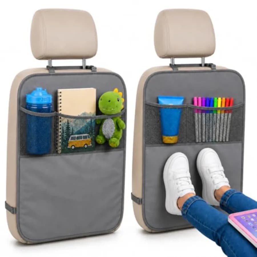 2-Pack Back of Seat Protector for Feet Grey Oxford Fabric Car Kick Mats with 2 Pocket Organizer Seat Protector for Vehicles fro