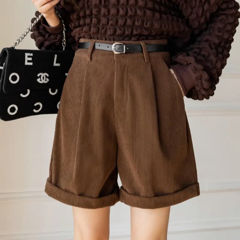 plus Size Corduroy High Waist Wide Leg Women's Shorts Autumn Winter Loose Straight Casual Five-Quarter Boot Pants