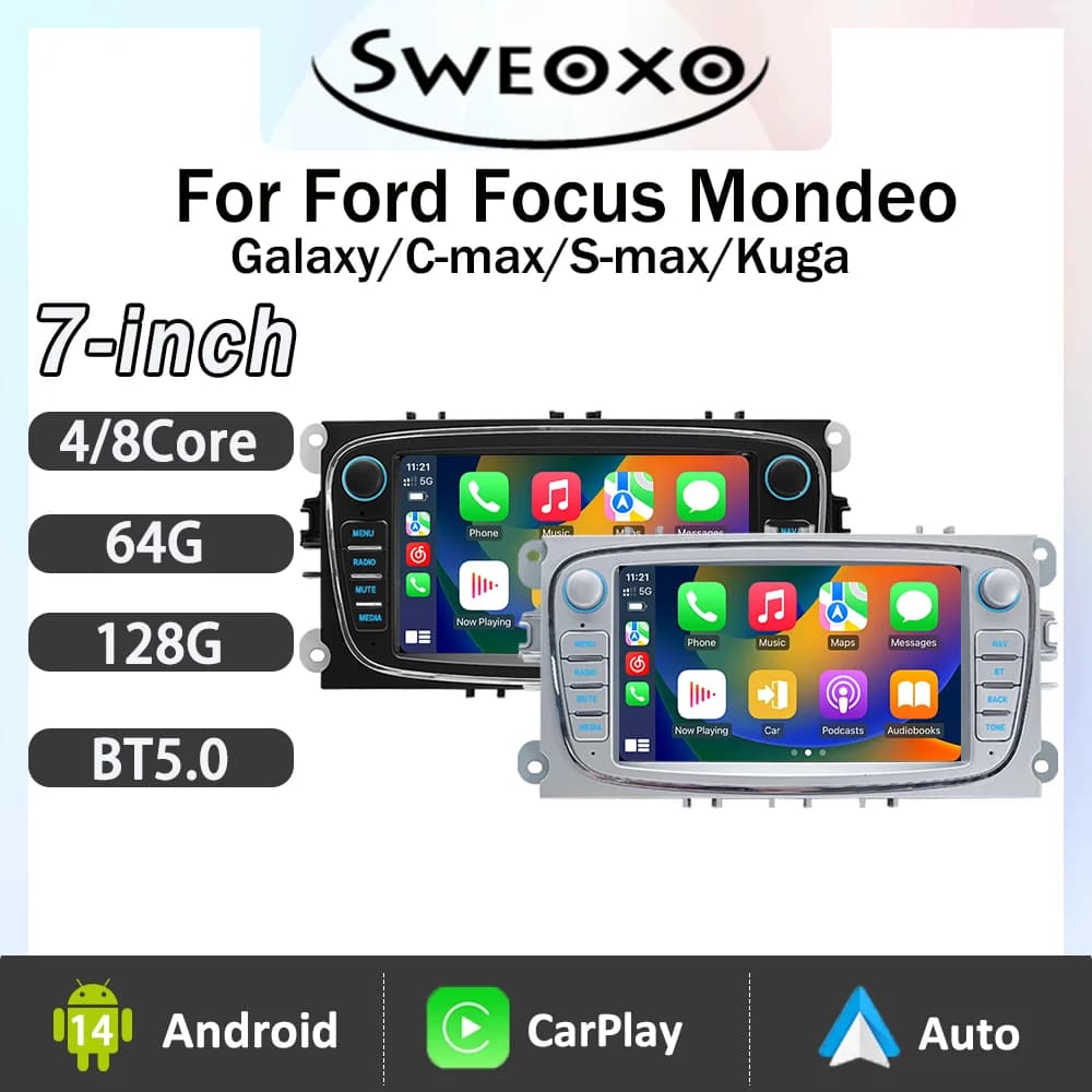 Autoradio Android 14 with Carplay Wireless for Ford Focus Mondeo Galaxy/C-max/S-max/Kuga, GPS Multimedia Reader with Navigation 4G