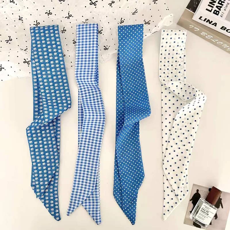 Silk Scarf Skinny with Blue Lattice Pattern Women's Hair Strip Silk Tape Small Neck Clamp Handkerchief for Women's Hair Band
