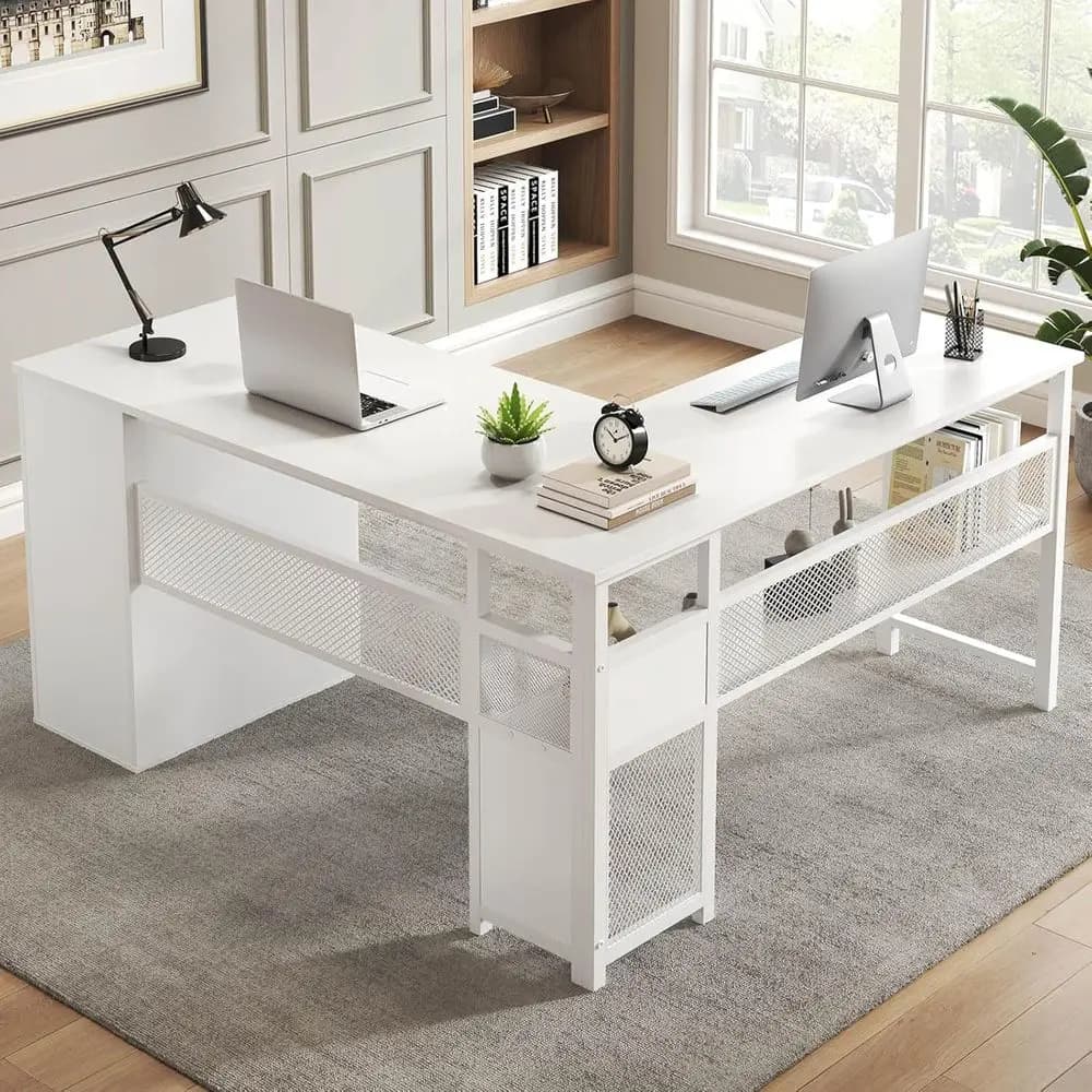 Scrivania a L reversibile con contenitore, grande scrivania da ufficio in legno e metallo per studio, lavoro, gaming, 59