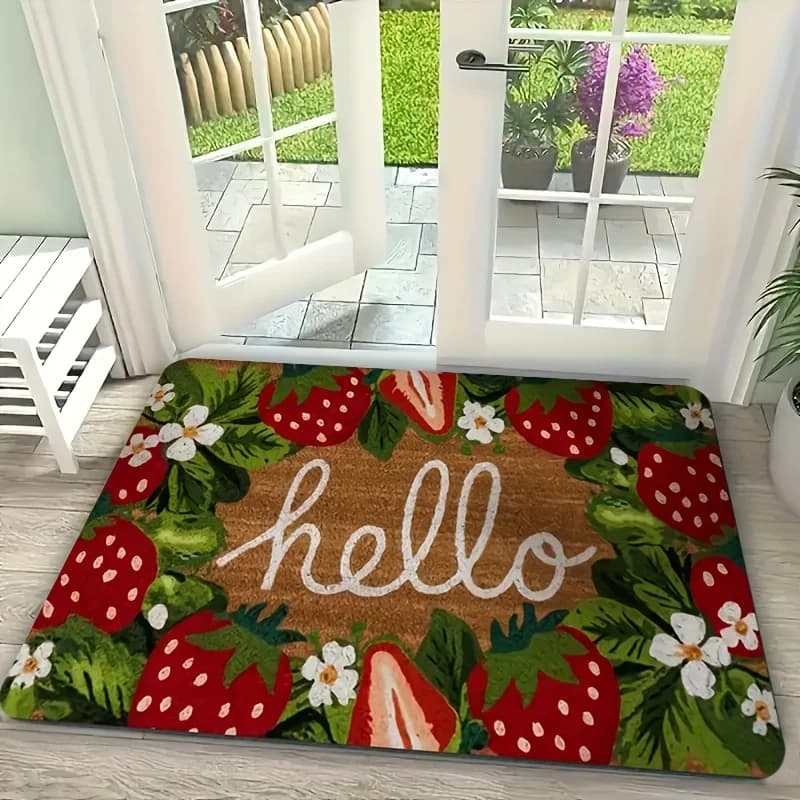 1 x Hello Strawberry Floral Welcome Mat - Non-slip and durable doormat with red strawberry, green leaves and floral pattern