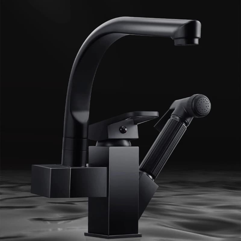 Rubinetto per lavello da cucina Rubinetto per lavabo estraibile nero con pistola a spruzzo Miscelatore per acqua calda fredda Accessori per il bagno montati sul piano
