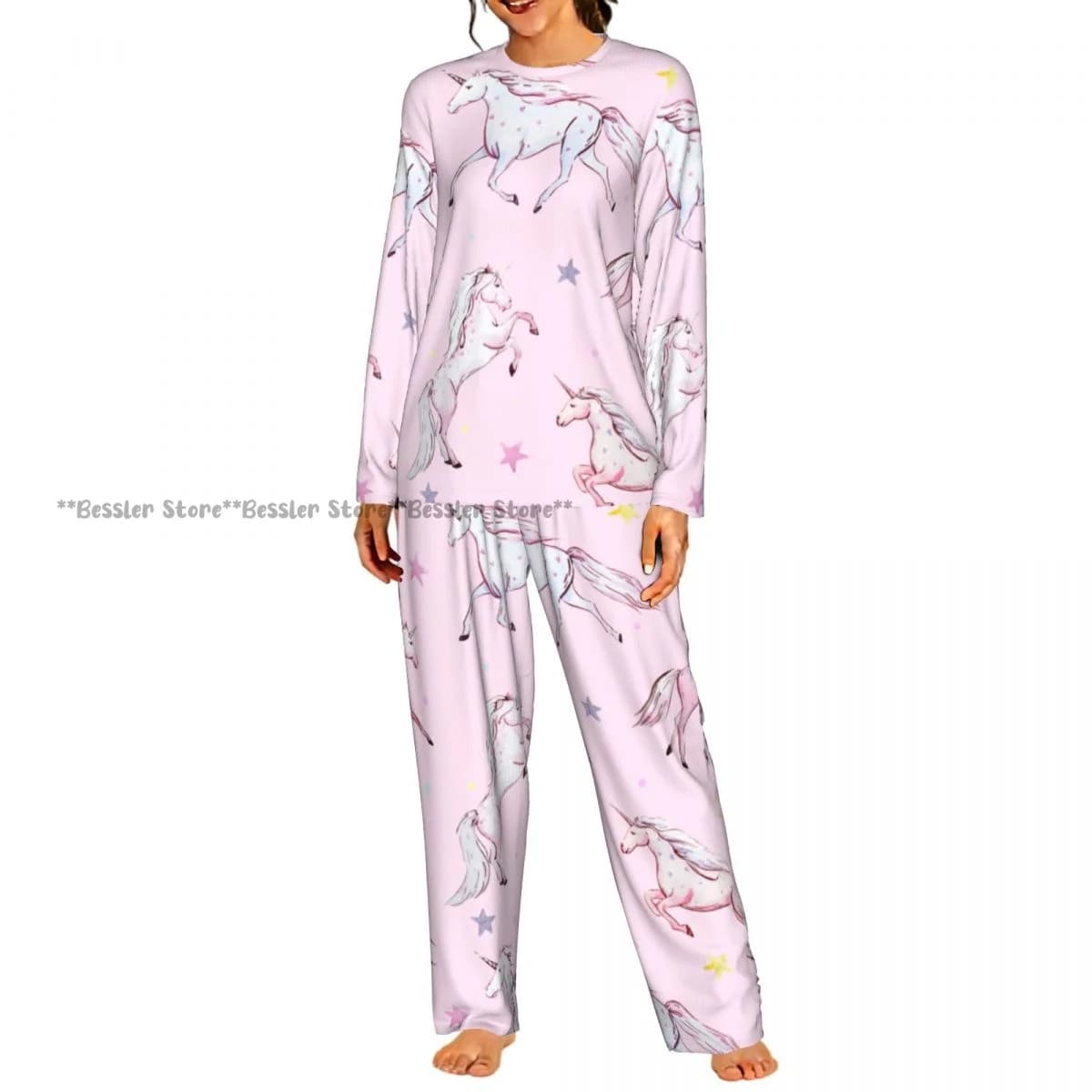 Women Casual Round Neck 2PCS Sleepwear Set Long Sleeve Shirt & Long Pants Watercolor Unicorn Pattern Daily Home Loungewear