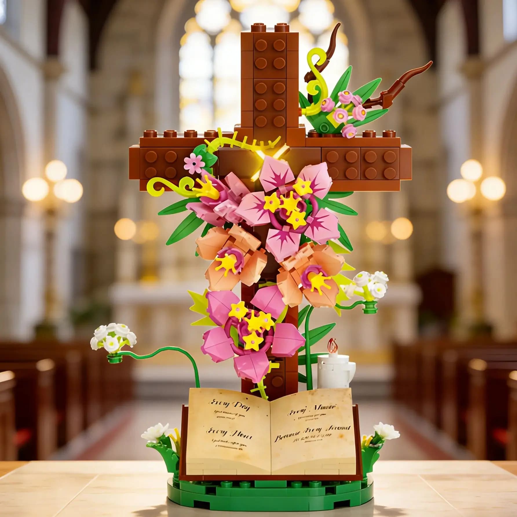 Gobricks MOC Cristianesimo Croce Bouquet di fiori Building Blocks Bibbia sacra Fiori di tulipano Pianta Mattoni Modello Giocattoli Per bambini Regali fai da te