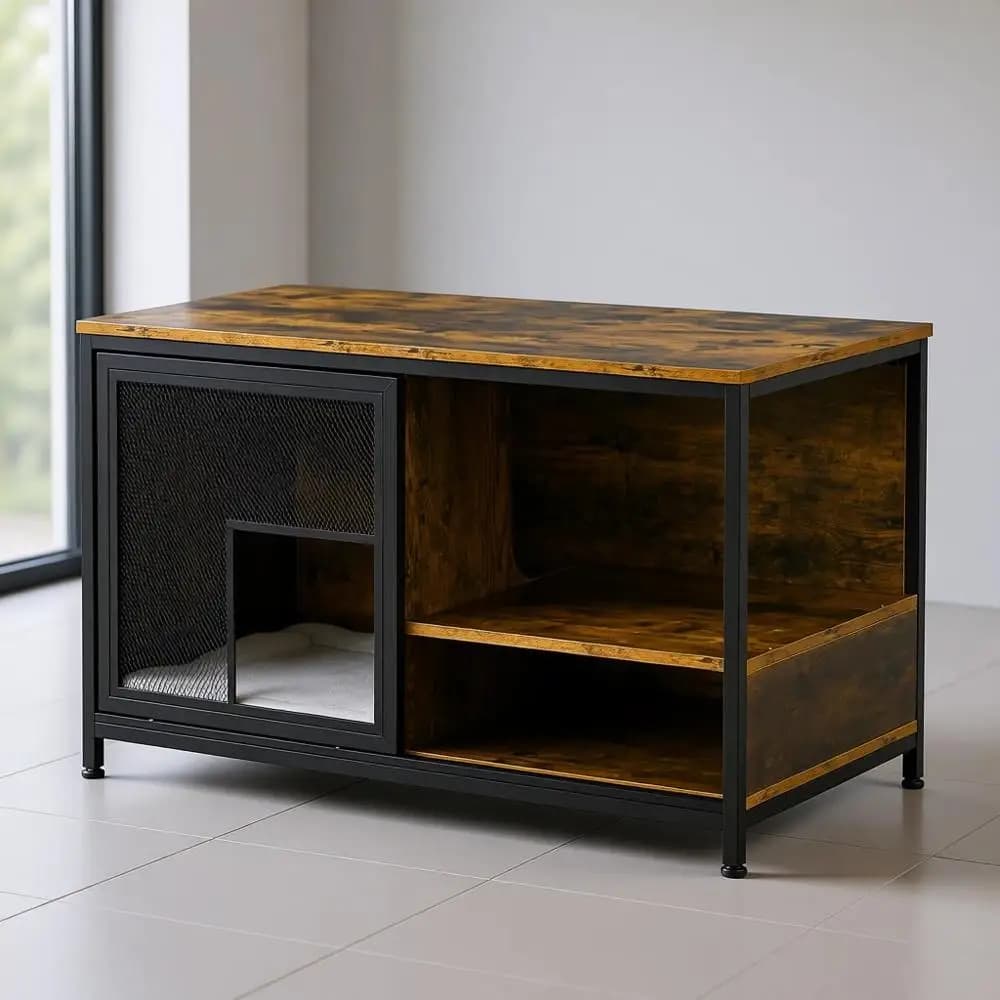 Cuccia per Cani in Legno Rustico Marrone con Cuscino e Porta Scorrevole