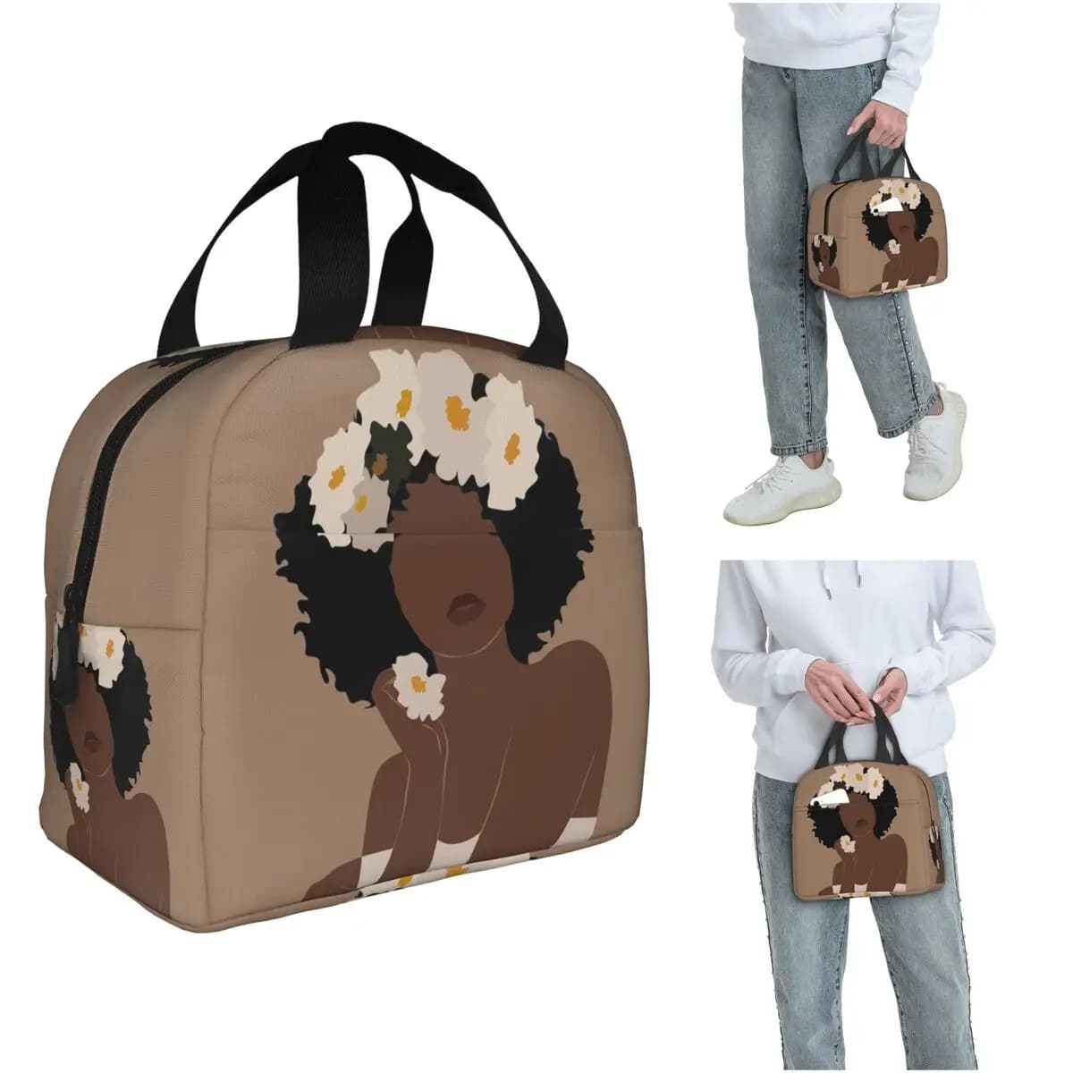 Borsa termica per il pranzo con motivo floreale bianco e donna nera, per donne e bambini, contenitori portatili per alimenti, borsa termica per il pranzo