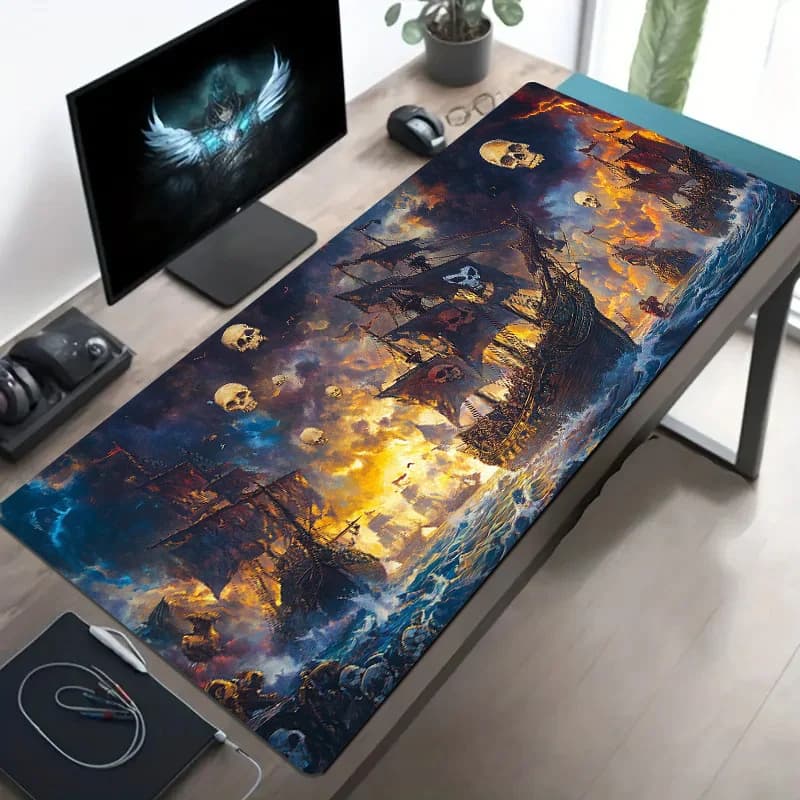 Un grande tappetino per mouse progettato con nave pirata con base in poliestere antiscivolo e un tappetino da tavolo rettangolare con supporto per il polso