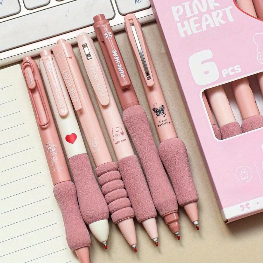 Set di 6 Penne Gel Retrattili da 0,5mm, Cancelleria Kawaii, Penne Carine, Penne Gel Nere, Penne Estetiche, Materiale Scolastico
