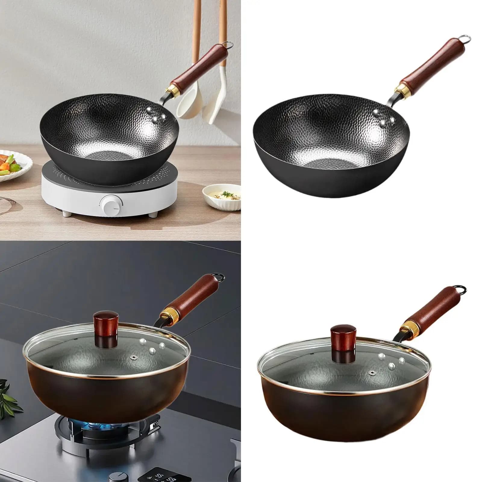 Wok in ferro da 10'' Wok a fondo piatto senza rivestimento con gancio per appendere padella cinese per