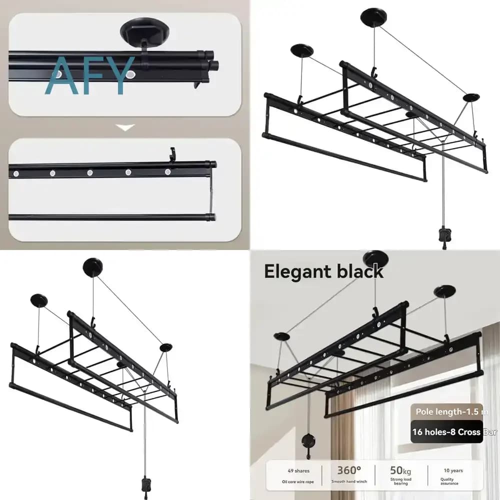 Heavy-Duty Manual Clothes Rack for Large Family Use 4-Rod 2.4m with 15 Towel Bars Black Ceiling Mount Laundry Drying Rack for