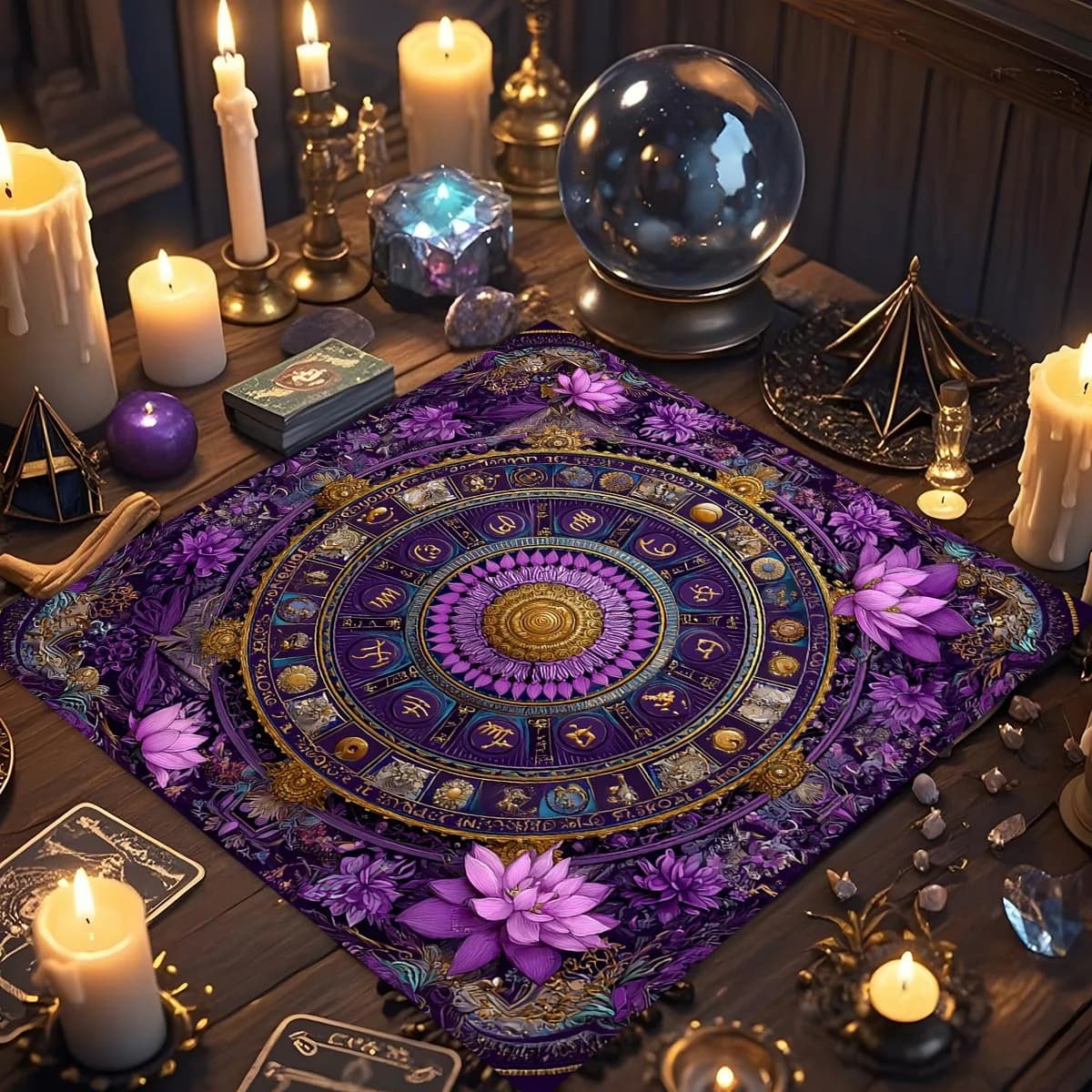 Tovaglia con Stampa Mandala e Motivo Loto, Telo per Altare, Tovaglia per Tarocchi, Decorazione Casa e Feste