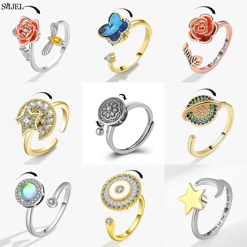 Anello di lusso in cristallo con stella lunare Fidget Spinner Anelli di ansia per le donne Anello da dito coreano con fiore di mandala rosa Gioielli antistress