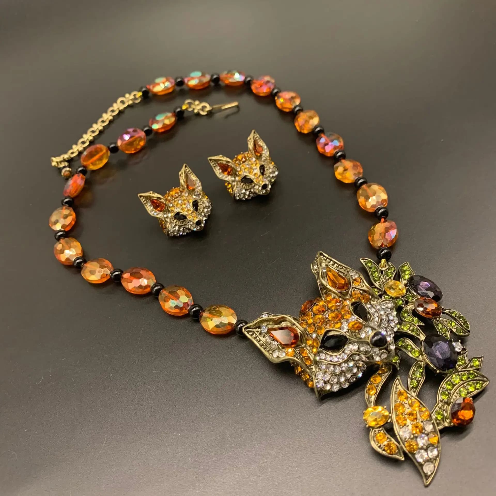 Orecchini di collana di vetro di volpe carina vintage di lusso Set di gioielli con strass dal design unico animale per la festa delle donne