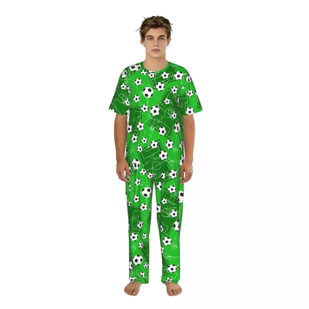 Abbigliamento da notte estivo e primaverile per la casa, con porta da calcio e pallone, maniche corte e pantaloni lunghi.