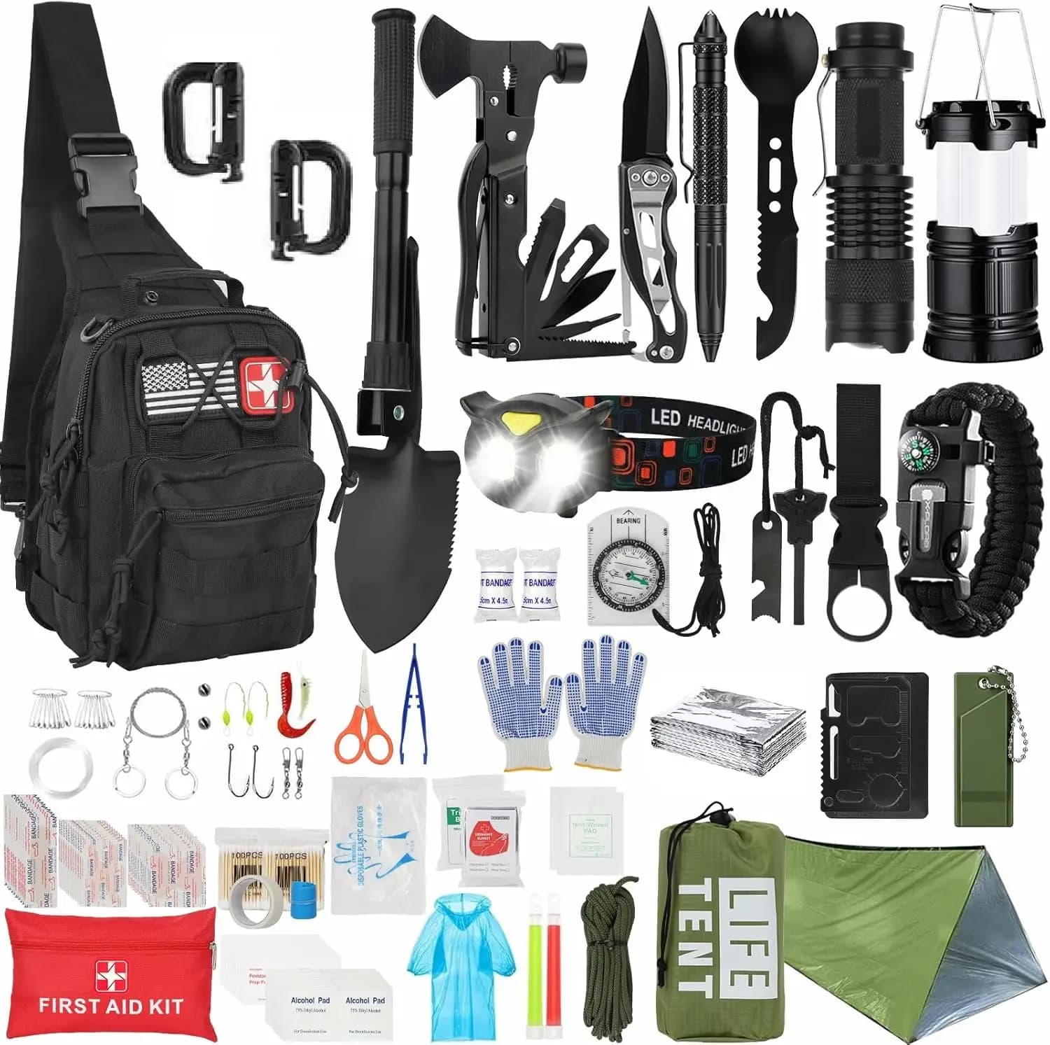 Kit di Sopravvivenza da 294 Pezzi con Attrezzatura di Pronto Soccorso, Borsa Molle e Tenda d'Emergenza per Avventure all'Aperto, Escursionismo, Caccia - Regalo Ideale