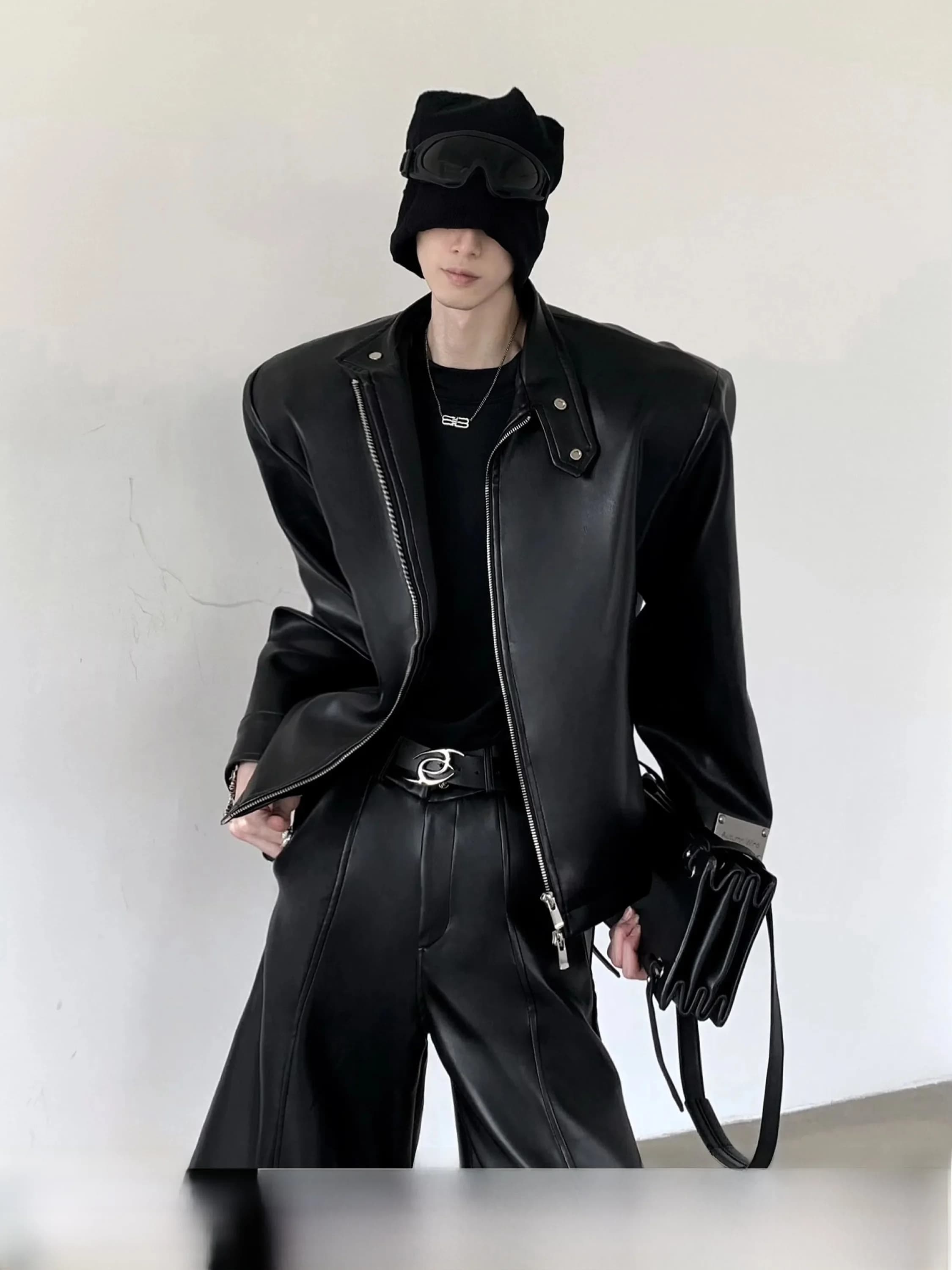 Fashionable Black Leather Jacket Men's Biker Style Shoulder Padded Coat Trendy Streetwear Autumn Season Casual Youthful Energy