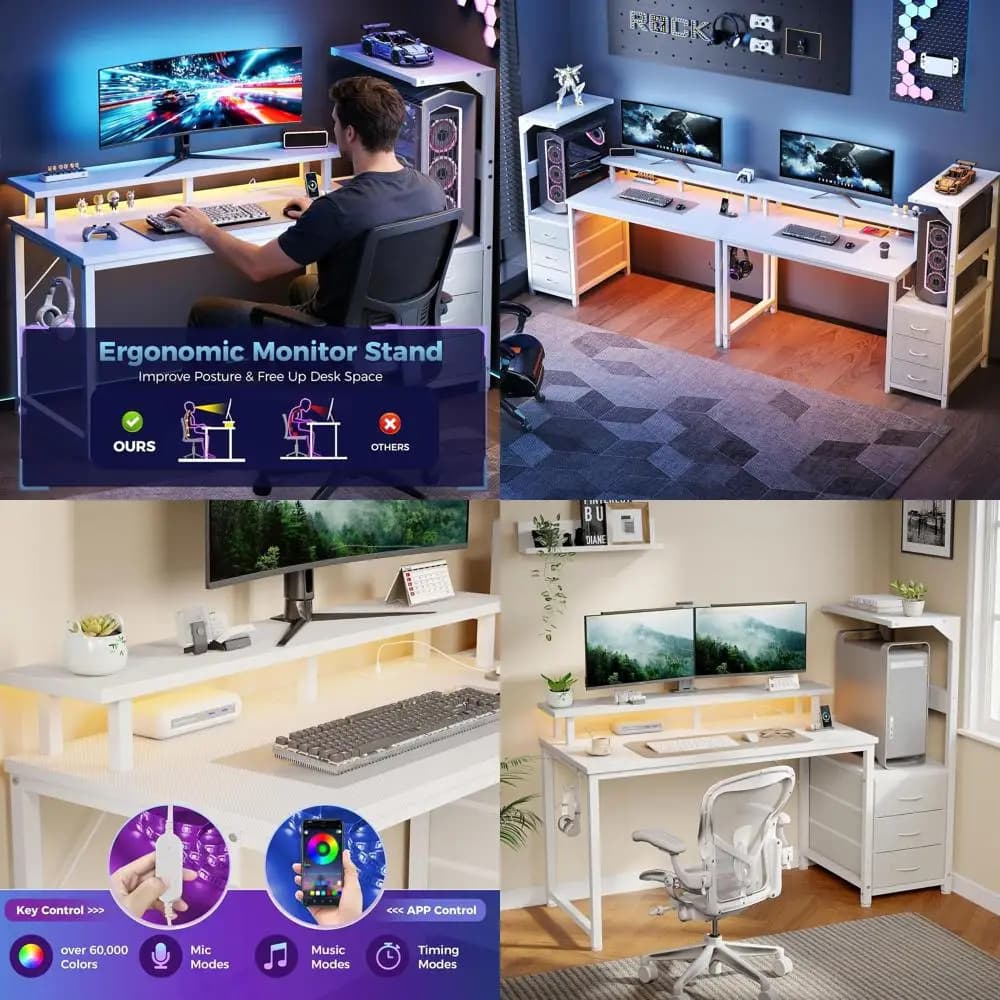 Scrivania da Gaming a L Bianca da 52 Pollici con Luci LED, Ripiani Portaoggetti e Gestione Cavi per Configurazioni a Doppio Monitor