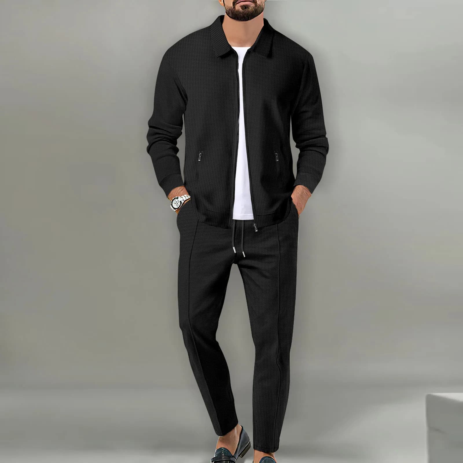 Men's autumn jacket set for young people, waffle zipper pockets, collared slim cardigan, men's jacket set