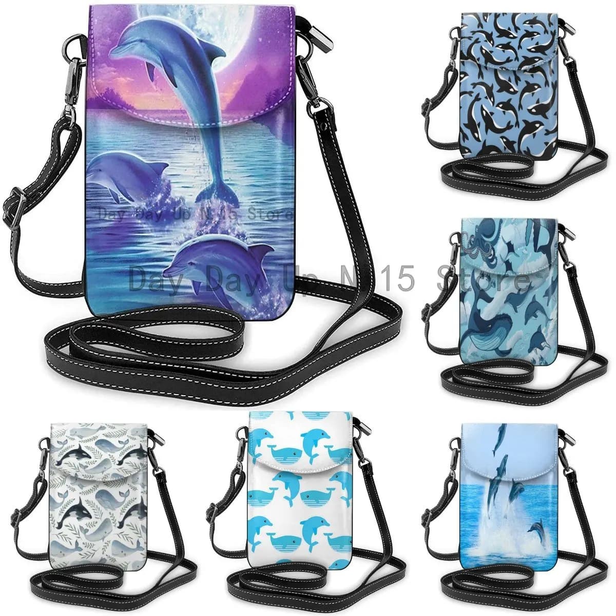Porta portafoglio viola Dolphins borsa minuscola portafoglio porta passaporto in pelle PU resistente con cinturino per viaggi all'aperto