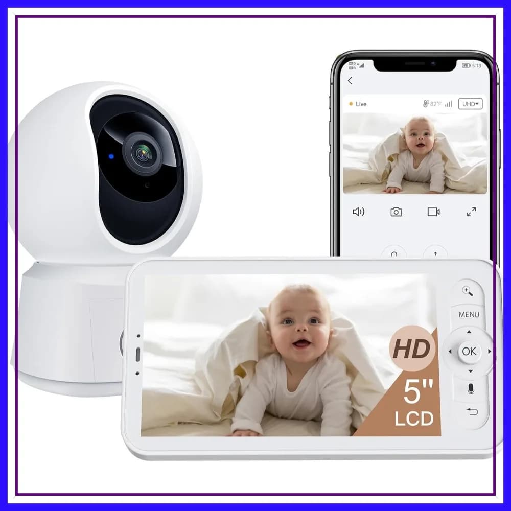 Baby Monitor WiFi con Display da 5 Pollici, App per Smartphone, Visione Notturna, Tracciamento Automatico, Sensore di Temperatura, Ninna Nanna, Criptato
